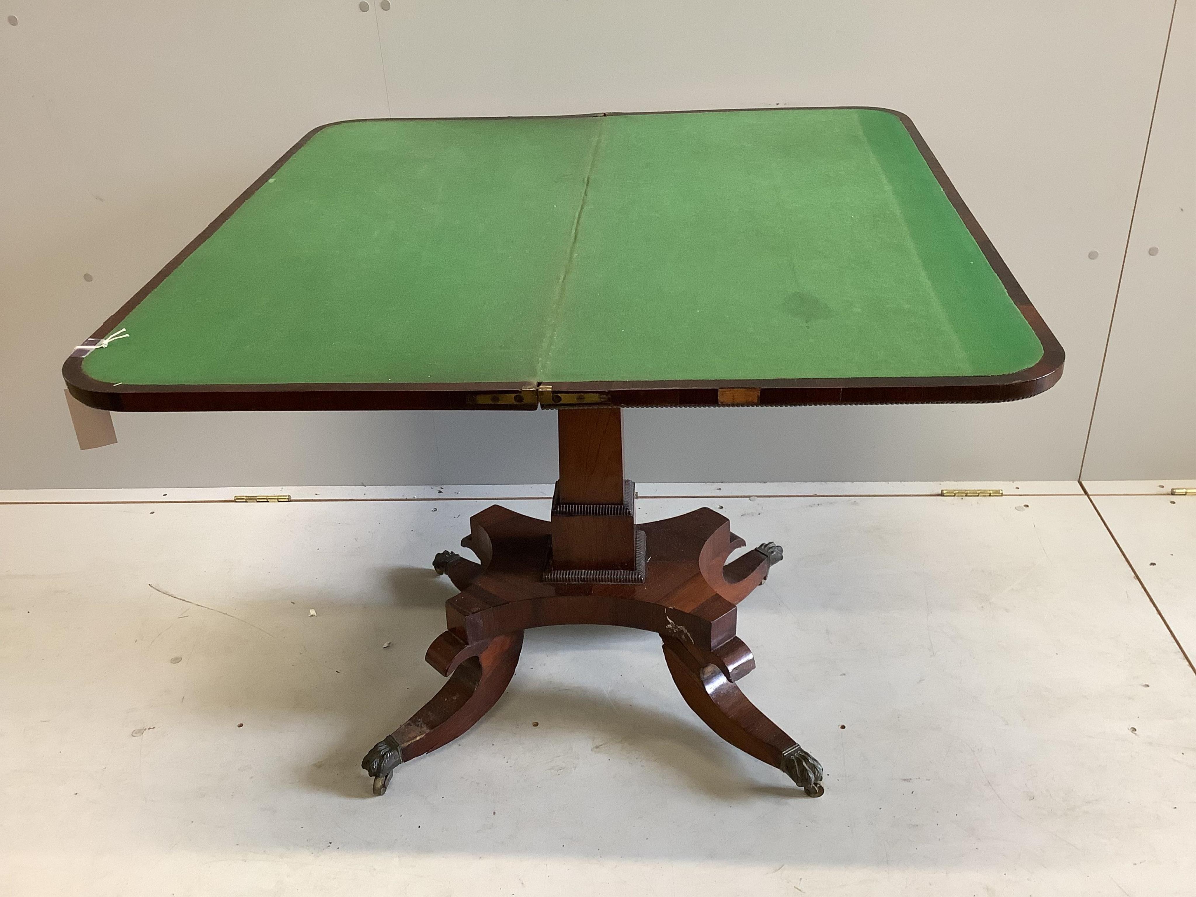 A Regency rectangular rosewood folding card table, width 91cm, depth 45cm, height 74cm. Condition - poor